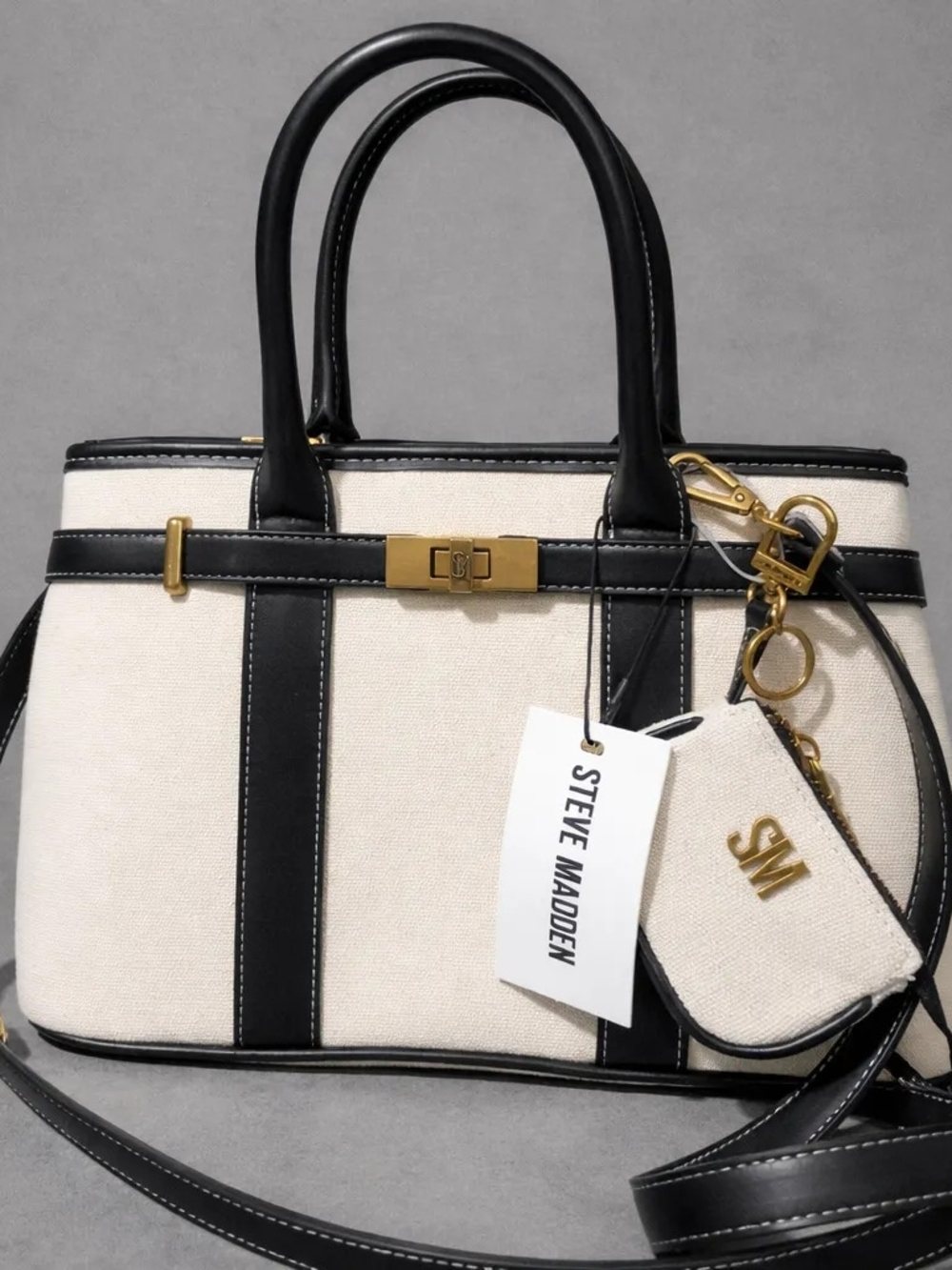 Steve Madden Cream and Black Canvas Satchel with Gold Hardware